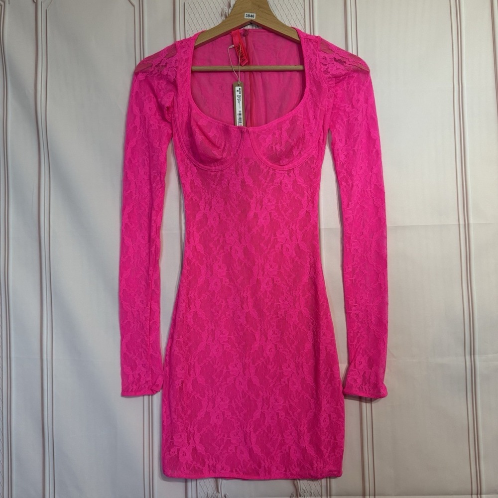 Skims Stretch Lace Underwire Long Sleeve Dress Neon Pink Women's Size XS NWT